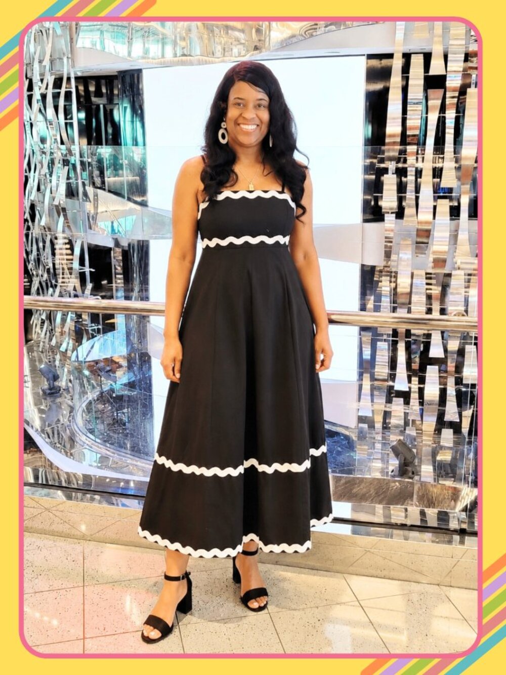 Sim & Sam Black White Ric Rac Maxi Dress 100% Cotton Pockets Size S